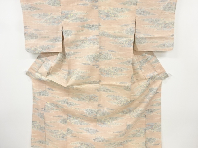 アンティーク　霞に草花模様織り出し手織り真綿紬単衣着物